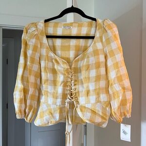 NWT Reformation Barrett Linen Checkered Dandelion Yellow & White Blouse - Size 4